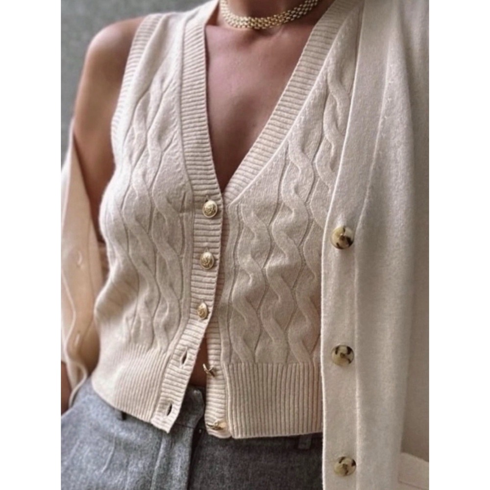 J.Crew Cashmere Cropped Cable-Knit Sweater-Vest in Buttercream Women's Large - Picture 10 of 10